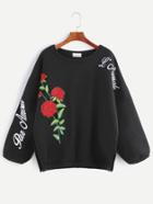 Shein Black Flower Embroidered Patches Slit Side Sweatshirt