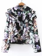 Shein Multicolor Floral Band Collar Ruffle Blouse