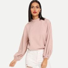 Shein Mock Neck Pearl Beading Lantern Sleeve Top