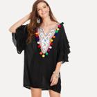 Shein Tiered Ruffle Sleeve Embroidery Plunging Pompom Detail Dress