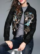 Shein Black Birds Embroidered Zipper Coat