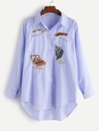 Shein Blue Vertical Striped Embroidered High Low Shirt