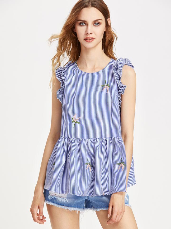 Shein Buttoned Closure Back Frill Trim Embroidered Peplum Top