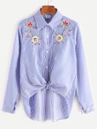 Shein Pinstripe Flower Embroidered Knotted High Low Shirt