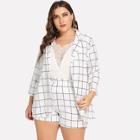 Shein Plus Open Front Plaid Blazer With Shorts