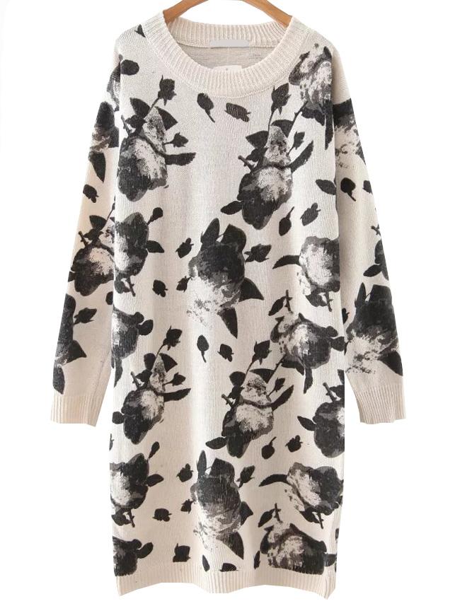 Shein Nude Ink Print Ribbed Trim Sweater Dress