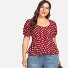 Shein Plus Puff Sleeve Button Front Polka Dot Top