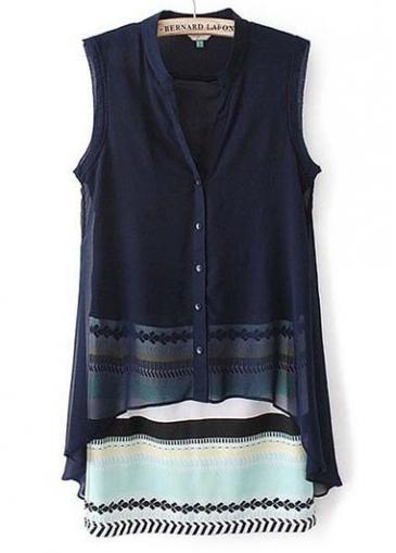 Rosewe Chic Mandarin Collar Sleeveless Navy Blue Dress For Woman