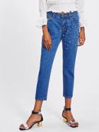 Shein Pearl Beading Mid Wash Mom Jeans