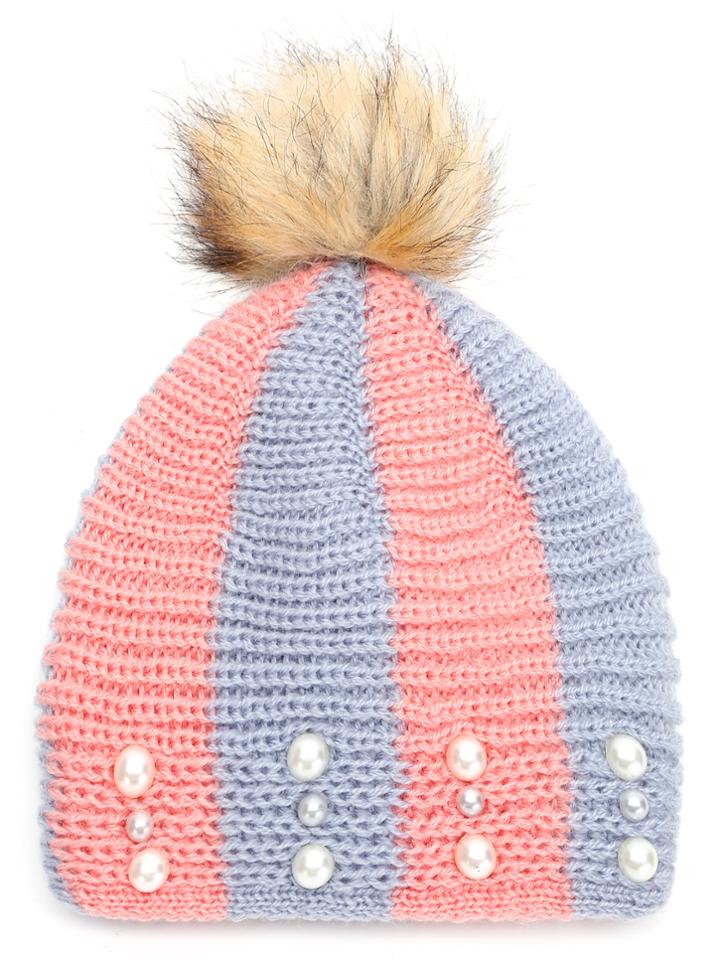 Shein Pink And Blue Stripe Beaded Hat With Pom