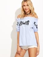Shein Blue Vertical Striped Flower Embroidery Off The Shoulder Blouse