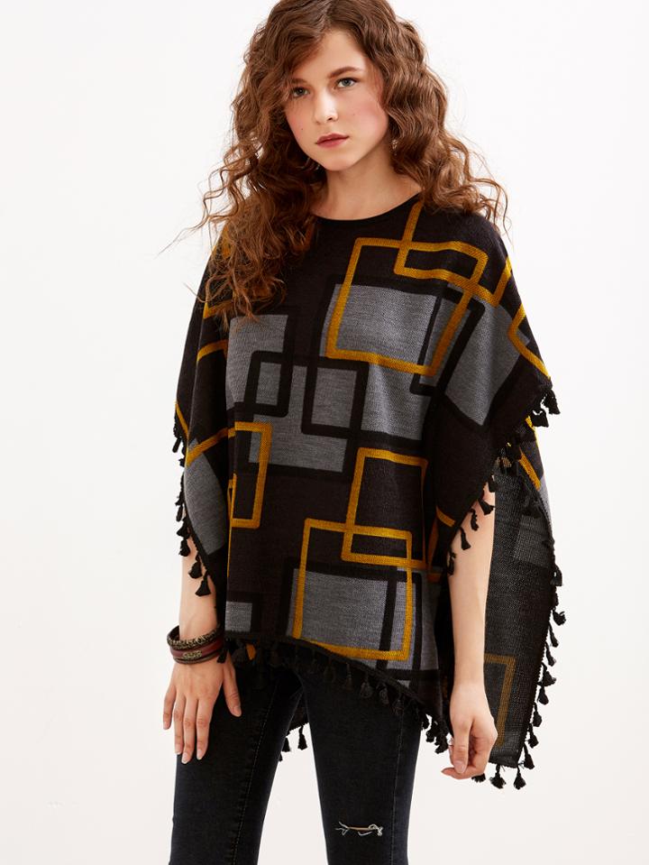 Shein Black Geometric Print Fringe Pancho Sweater