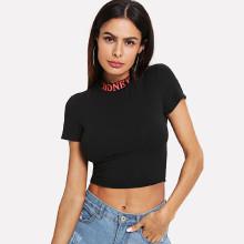 Shein Letter Print Mock Neck Crop Tee
