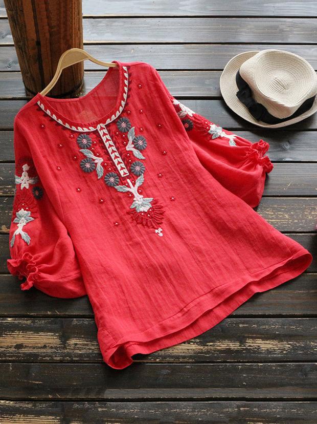 Shein Frill Detail Bishop Sleeve Embroidery Blouse