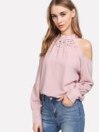 Shein Faux Pearl Open Shoulder Tie Back Blouse