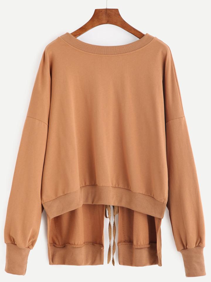 Shein Khaki Drop Shoulder Split Tie Back Dip Hem Sweatshirt