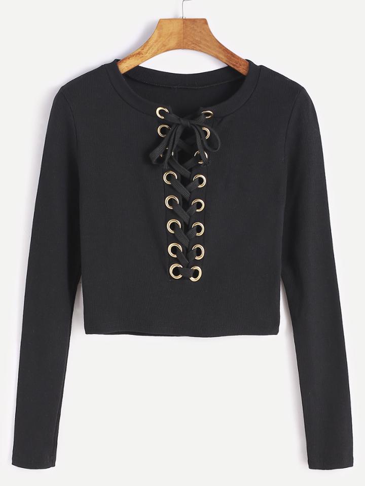 Shein Black Eyelet Lace Up Ribbed Crop T-shirt