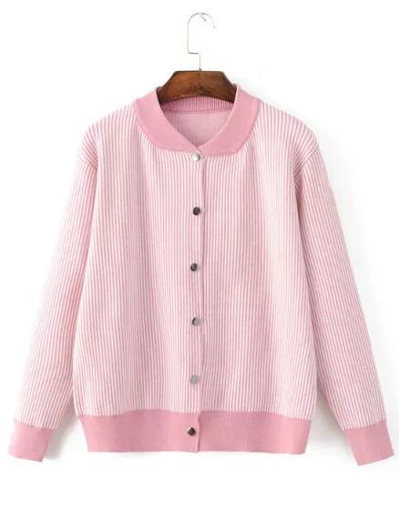 Shein Pink Striped Knit Bomber Jacket With Buttons