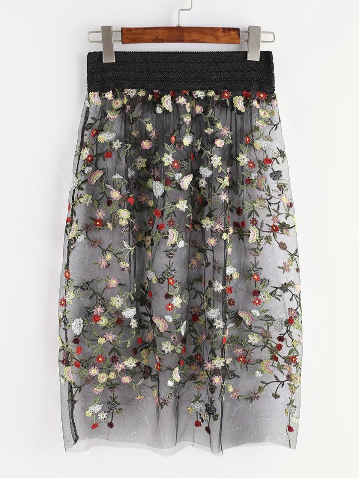 Shein Black Flower Embroidered Sheer Mesh Skirt