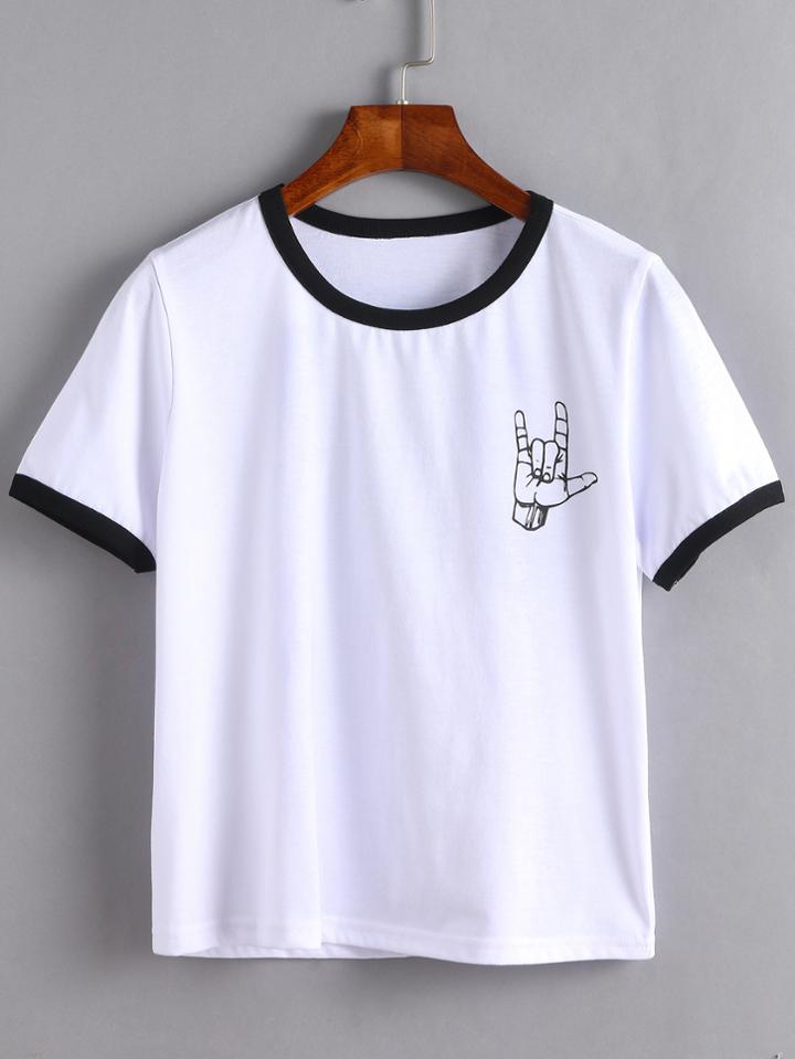 Shein Whcontrast Trim Love Gesture Print T-shirt