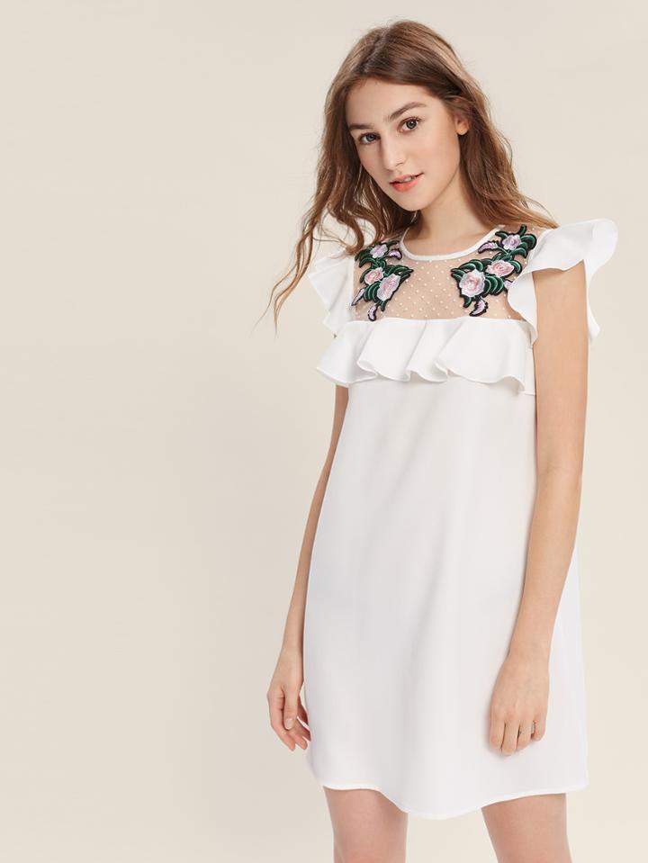 Shein Flower Patch Dot Mesh Yoke Flutter Sleeve Dress
