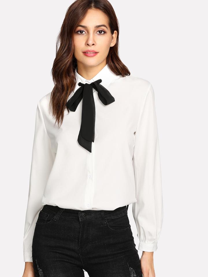 Shein Contrast Tie Neck Shirt