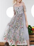 Shein Grey Gauze Embroidered Sheer A-line Dress