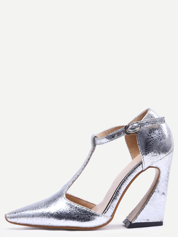 Shein Silver Pointed Toe Buckle T-strap Chunky Pumps
