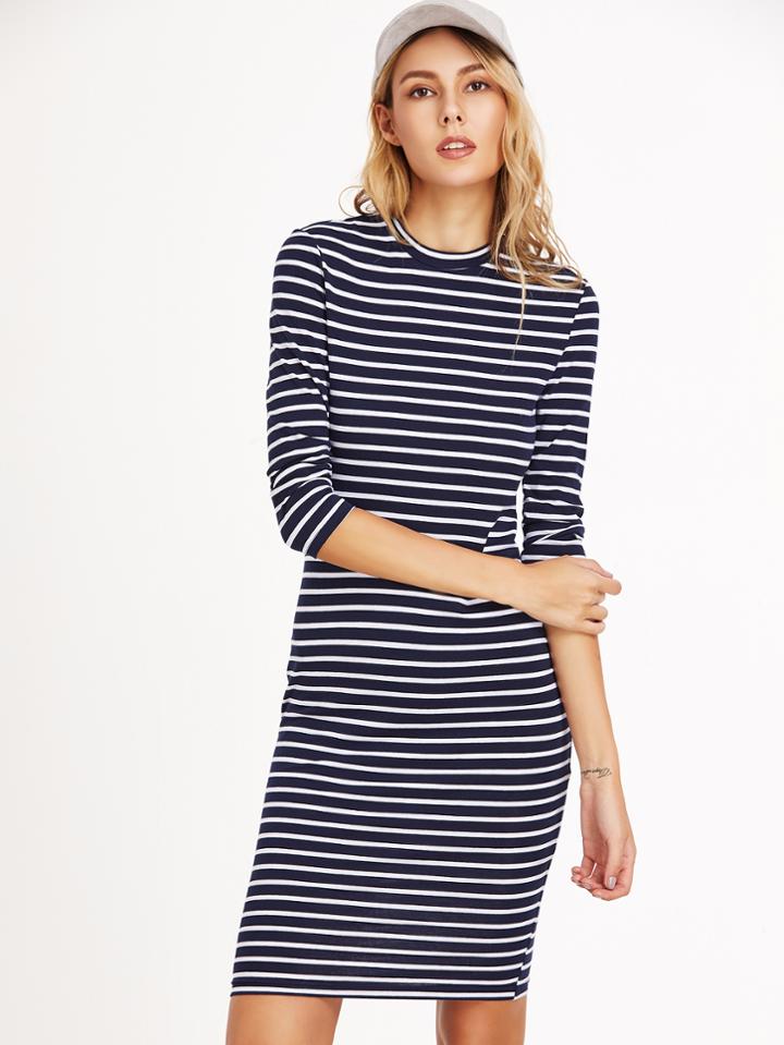 Shein Navy And White 3/4 Sleeve Sheath Dress