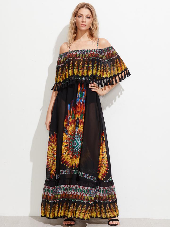 Shein Tassel Trim Double Layer Semi Sheer Dress