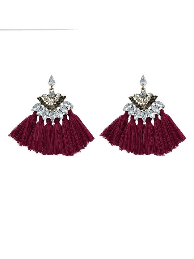 Shein Winered Luxury Rhinestone With Long Tassel Sector Shape Bohemian Earrings