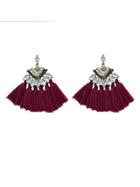 Shein Winered Luxury Rhinestone With Long Tassel Sector Shape Bohemian Earrings