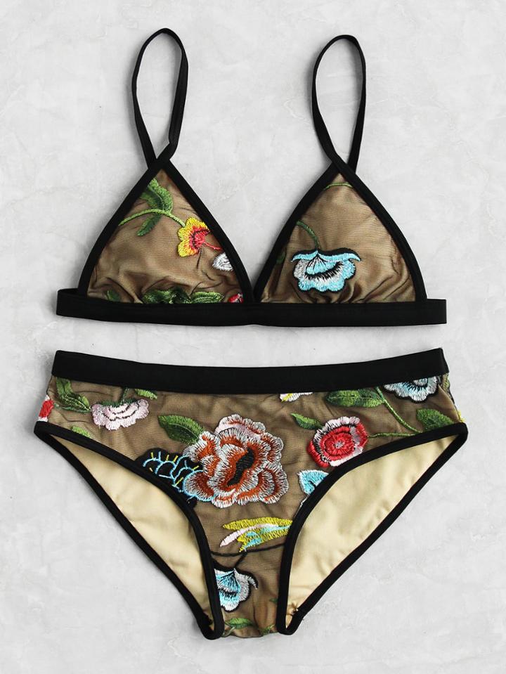 Shein Flower Embroidery Mesh Overlay Bikini Set