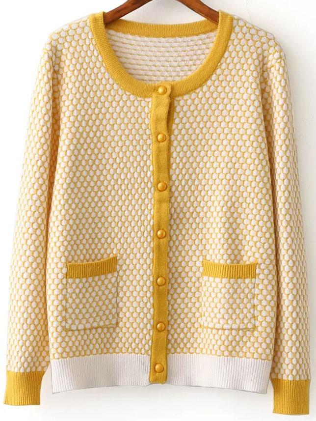 Shein Yellow Ribbed Trim Button Up Sweater Coat With Pockets