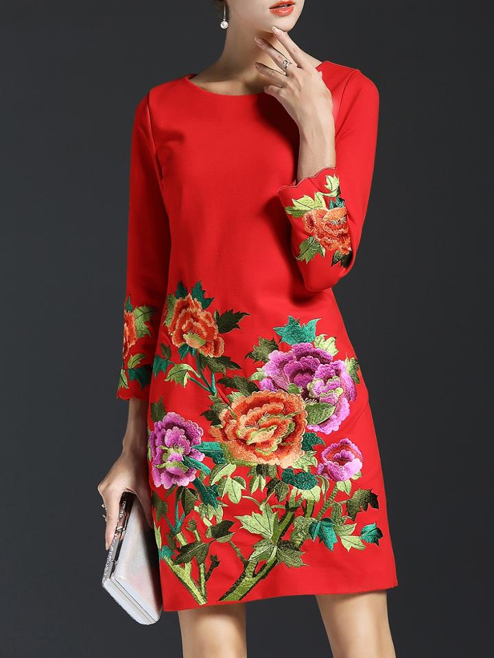 Shein Red Flowers Applique Pouf Sheath Dress