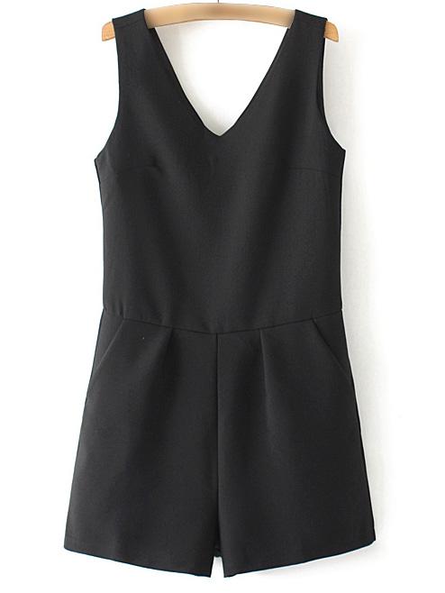 Shein Black V Neck Sleeveless Zipper Back Pockets Romper