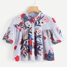 Shein Single Breasted Floral Print Top