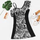 Shein Plus Palm Print One Shoulder Ruffle Swim Dress