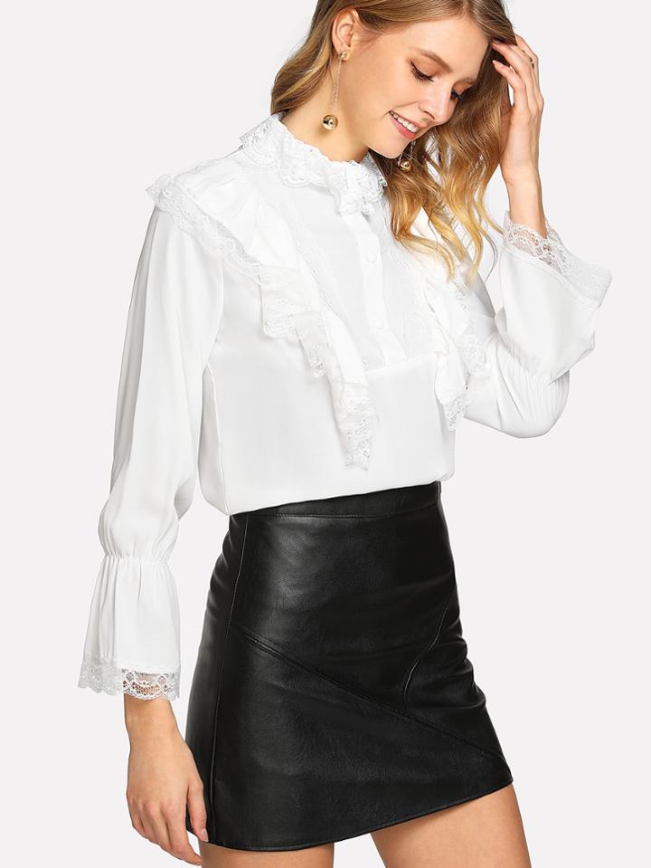 Shein Lace Contrast Flounce Sleeve Shirt