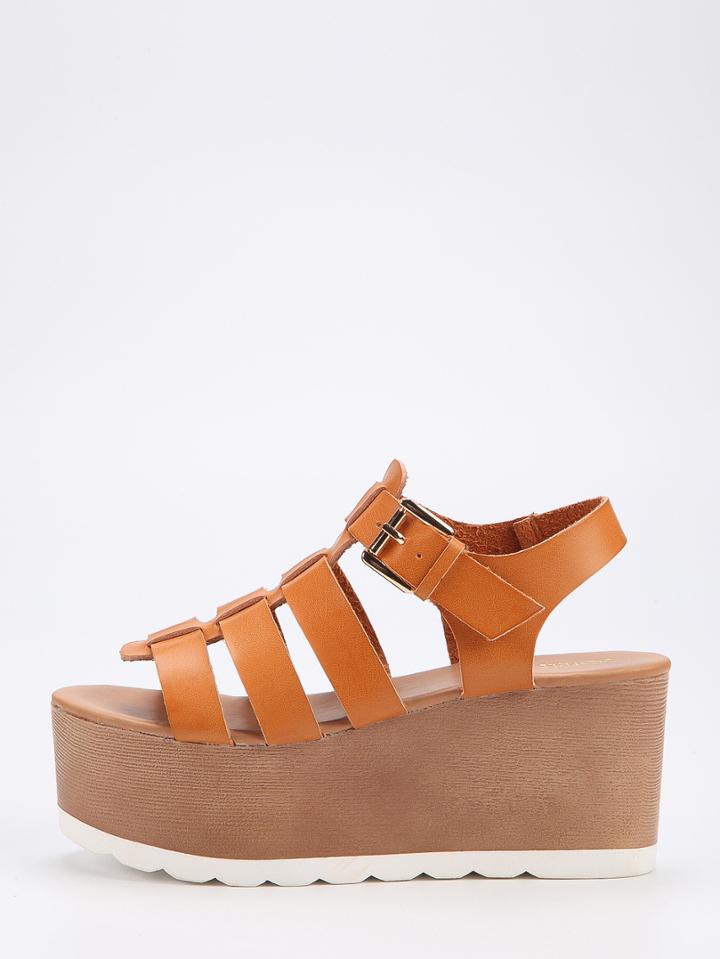 Shein Caged Ankle Strap Platfom Wedges- Camel