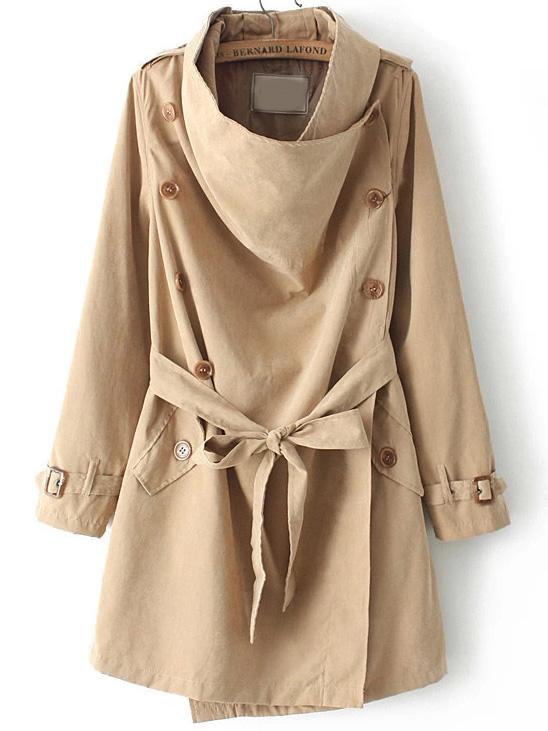 Shein Khaki Long Sleeve Buttons Tie-waist Coat