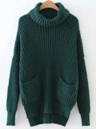 Shein Dark Green Turtleneck High Low Sweater With Pocket