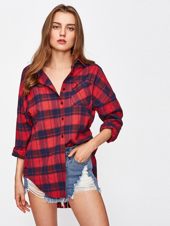 Shein Drop Shoulder Single Pocket Dolphin Hem Checkered Shirt