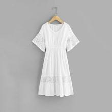 Shein Girls Lace Contrast Bell Sleeve V-neck Dress
