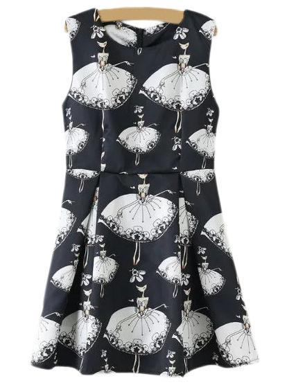 Shein Black Sleeveless Zipper Back Girl Printed Dress