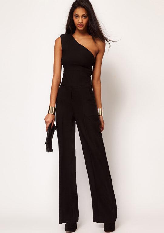  Black One Shoulder Slim Wide Leg Jumpsuit