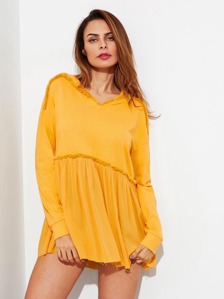 Shein Drop Shoulder Frayed Detail Mixed Media Smock Hoodie