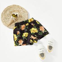 Shein Girls Pocket Side Flower Print Shorts