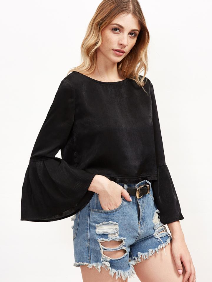 Shein Black Button Back Pleated Bell Sleeve Top