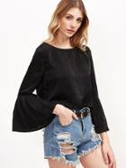 Shein Black Button Back Pleated Bell Sleeve Top